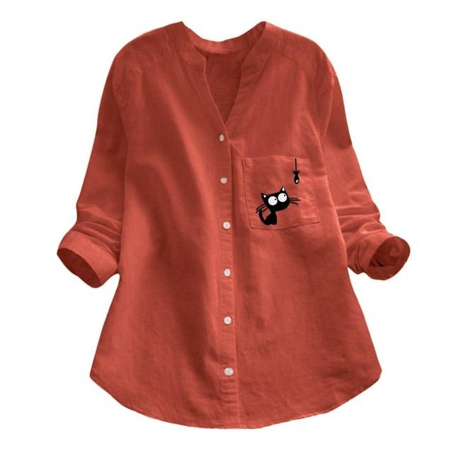 NEW ARRIVAL Blouses Women Cotton linen Casual Cat Printed Long Sleeve Shirt Blouse Button Down Tops Free Shipping blusa f3#