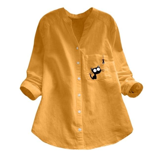 NEW ARRIVAL Blouses Women Cotton linen Casual Cat Printed Long Sleeve Shirt Blouse Button Down Tops Free Shipping blusa f3#