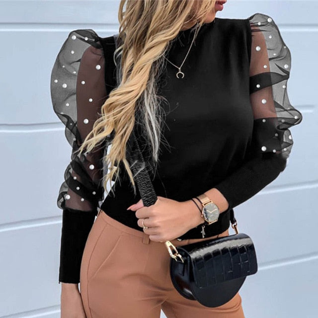 New Women Mesh Sheer Blouse See-through Puff Long Sleeve Blouse Fashion Pearl Transparent White Shirt Female Blusas Autumn Tops