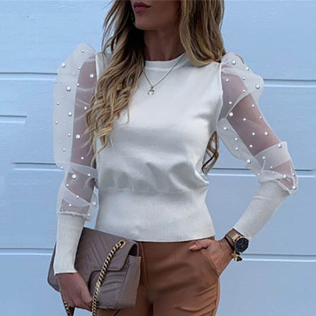 New Women Mesh Sheer Blouse See-through Puff Long Sleeve Blouse Fashion Pearl Transparent White Shirt Female Blusas Autumn Tops