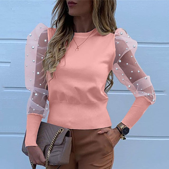 New Women Mesh Sheer Blouse See-through Puff Long Sleeve Blouse Fashion Pearl Transparent White Shirt Female Blusas Autumn Tops