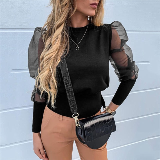 New Women Mesh Sheer Blouse See-through Puff Long Sleeve Blouse Fashion Pearl Transparent White Shirt Female Blusas Autumn Tops
