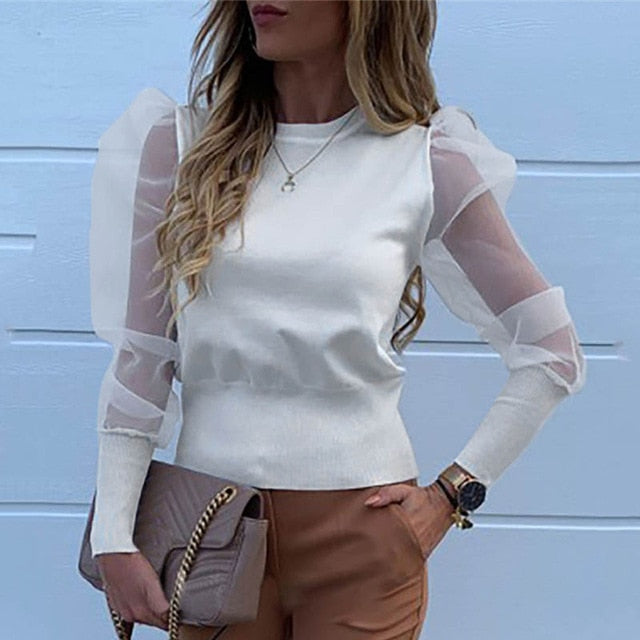 New Women Mesh Sheer Blouse See-through Puff Long Sleeve Blouse Fashion Pearl Transparent White Shirt Female Blusas Autumn Tops