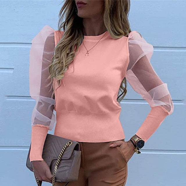 New Women Mesh Sheer Blouse See-through Puff Long Sleeve Blouse Fashion Pearl Transparent White Shirt Female Blusas Autumn Tops