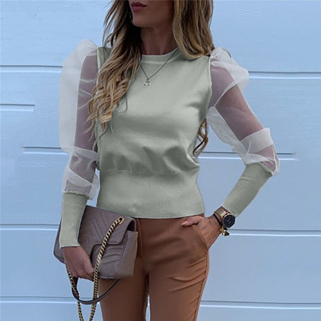 New Women Mesh Sheer Blouse See-through Puff Long Sleeve Blouse Fashion Pearl Transparent White Shirt Female Blusas Autumn Tops