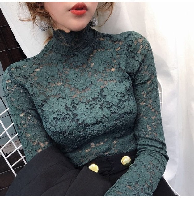 Plus Size Women Lace Blouses Shirts Sexy Hollow Out Long Sleeve Solid Blouse Lady Elegant Floral Embroidery Elastic Shirt Tops