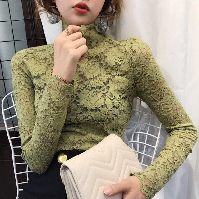 Plus Size Women Lace Blouses Shirts Sexy Hollow Out Long Sleeve Solid Blouse Lady Elegant Floral Embroidery Elastic Shirt Tops