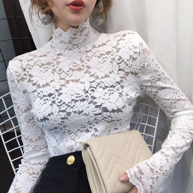 Plus Size Women Lace Blouses Shirts Sexy Hollow Out Long Sleeve Solid Blouse Lady Elegant Floral Embroidery Elastic Shirt Tops