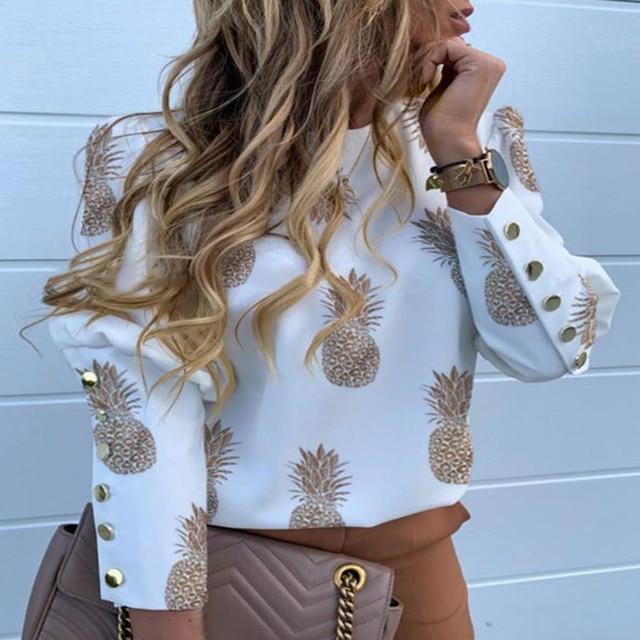 Jocoo Jolee Women Metal Buttons Long Sleeve Blouse Office Lady Shirt Casual Pineapple Print Tops Plus Size Casual Loose Blouses