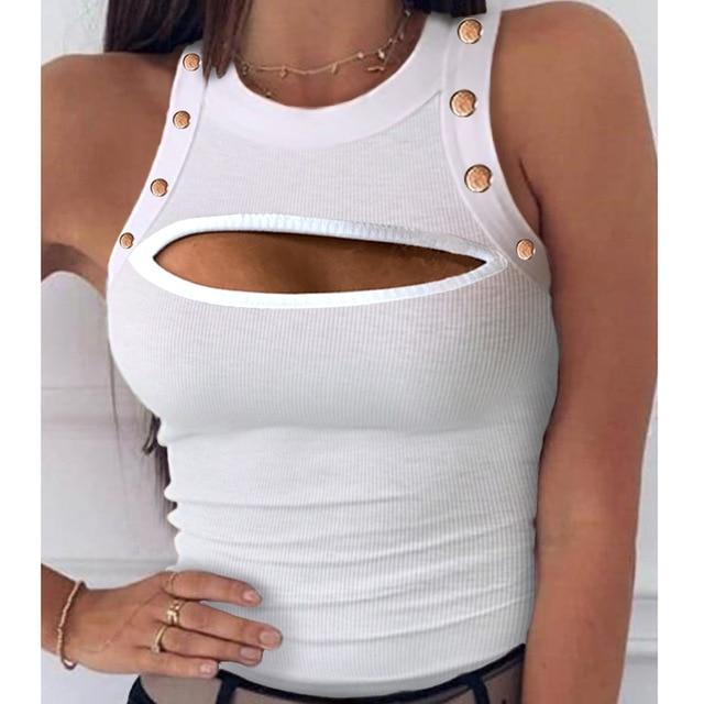 Summer Striped Print Sleeveless Knitted Blouse Shirts Hollow Out O Neck Womens Tops and Blouses Elegant Slim Fit Bodycon Blusas