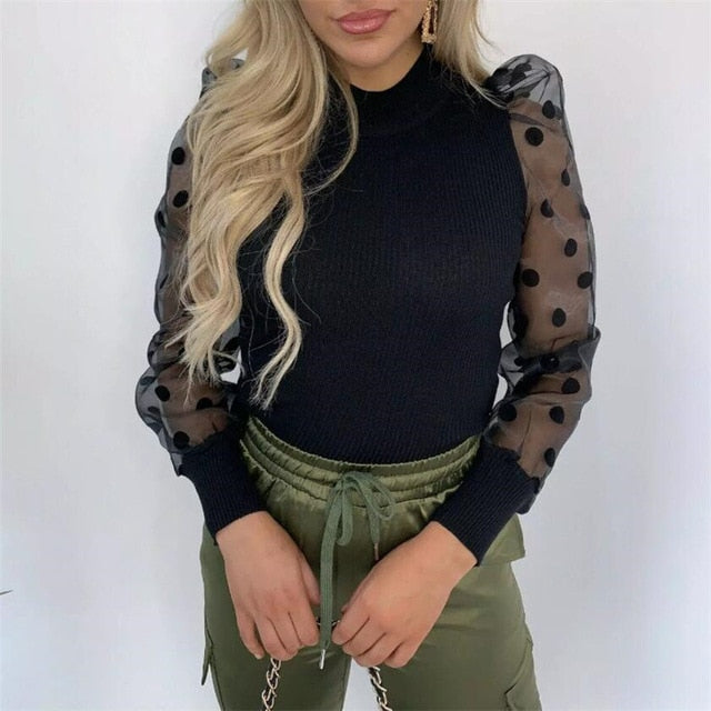 Women's Sheer Mesh See-through Blouse 2019 New Fashion Elegant Slim Polka Dot Puff Long Sleeve Tops Shirt Turtleneck Fall Blouse