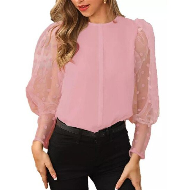 Women's Sheer Mesh See-through Blouse 2019 New Fashion Elegant Slim Polka Dot Puff Long Sleeve Tops Shirt Turtleneck Fall Blouse