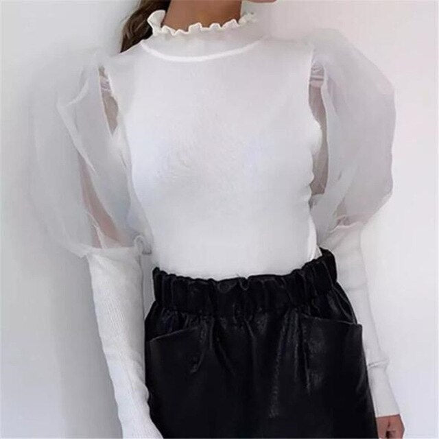 Women's Sheer Mesh See-through Blouse 2019 New Fashion Elegant Slim Polka Dot Puff Long Sleeve Tops Shirt Turtleneck Fall Blouse