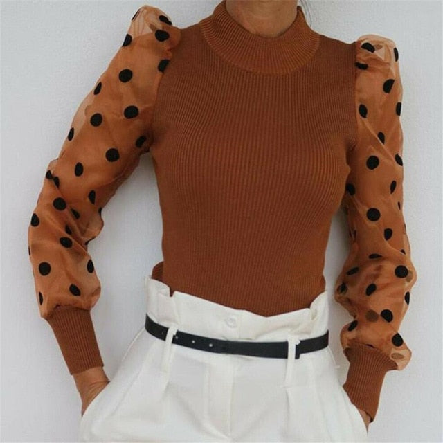 Women's Sheer Mesh See-through Blouse 2019 New Fashion Elegant Slim Polka Dot Puff Long Sleeve Tops Shirt Turtleneck Fall Blouse