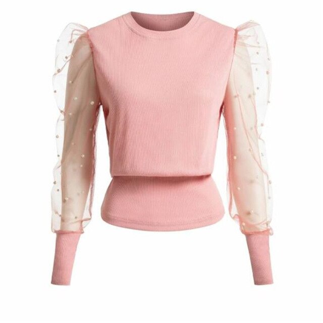 Women's Sheer Mesh See-through Blouse 2019 New Fashion Elegant Slim Polka Dot Puff Long Sleeve Tops Shirt Turtleneck Fall Blouse