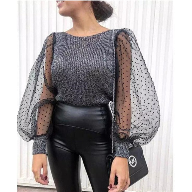 Women's Sheer Mesh See-through Blouse 2019 New Fashion Elegant Slim Polka Dot Puff Long Sleeve Tops Shirt Turtleneck Fall Blouse