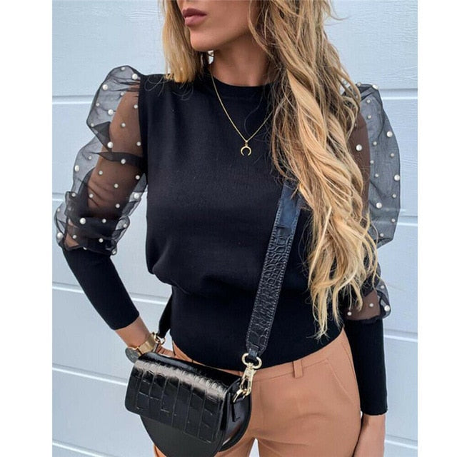 Women's Sheer Mesh See-through Blouse 2019 New Fashion Elegant Slim Polka Dot Puff Long Sleeve Tops Shirt Turtleneck Fall Blouse