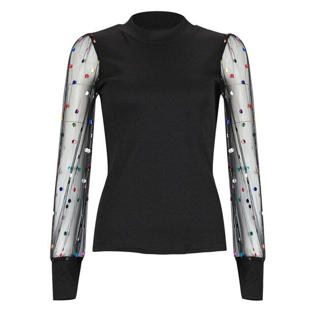 Women's Sheer Mesh See-through Blouse 2019 New Fashion Elegant Slim Polka Dot Puff Long Sleeve Tops Shirt Turtleneck Fall Blouse