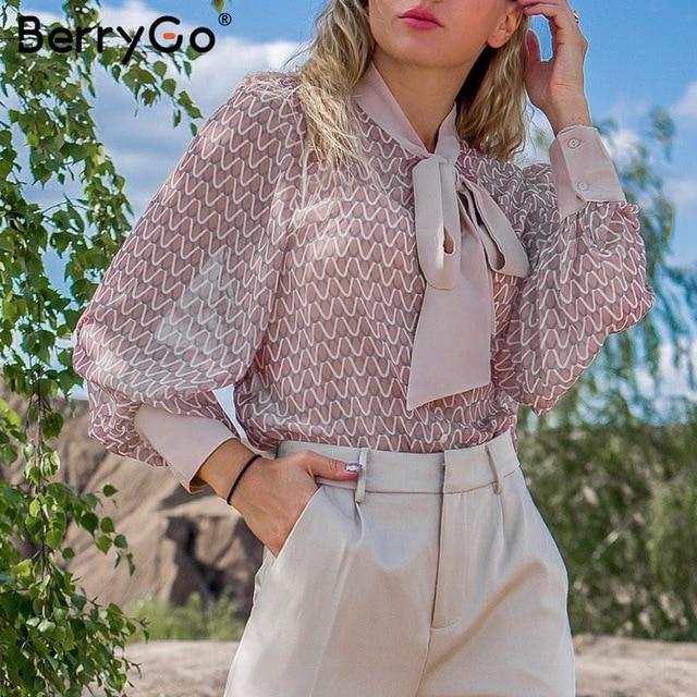 BerryGo Office ladies tie-neck women blouse shirt Summer spring long sleeve blouses Elegant bow work wear female top pink blusas