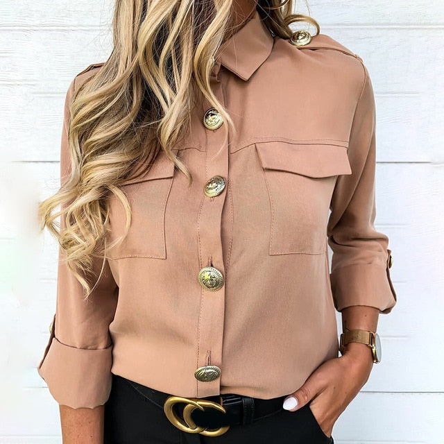 Vintage Long Sleeve Pocket Shirt For Women Autumn Tops Blouse Turn Down Collar Khaki White Black Shirt Fashion Female Blusas D25