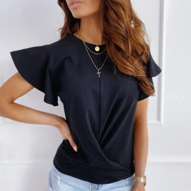 Butterfly Sleeve Women Shirt Blouse Casual Solid Ruffle Short Sleeve Shirt Summer Elegant O Neck Pullovers Tops Blusa Streetwear