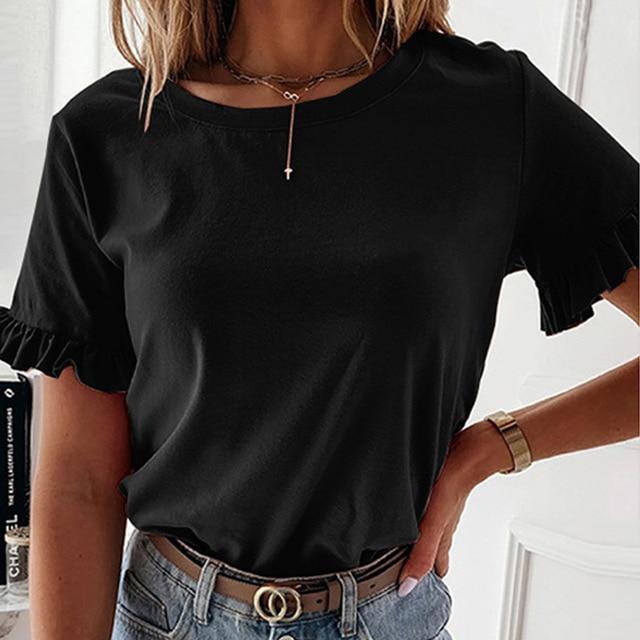 Butterfly Sleeve Women Shirt Blouse Casual Solid Ruffle Short Sleeve Shirt Summer Elegant O Neck Pullovers Tops Blusa Streetwear