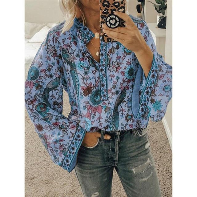 Fanbety Plus size Autumn Chic Blouses women Peacock Floral Print Long Sleeve Shirts women Casual V-neck Boho Blouse Tops Female