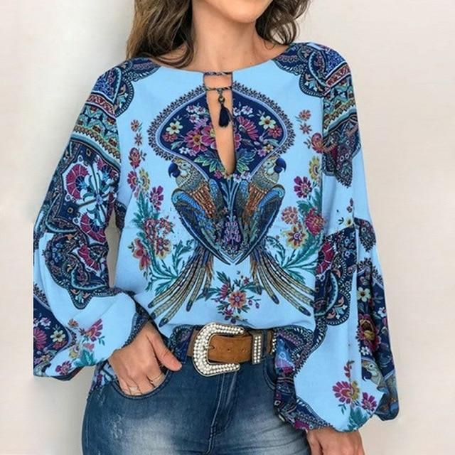 Fanbety Plus size Autumn Chic Blouses women Peacock Floral Print Long Sleeve Shirts women Casual V-neck Boho Blouse Tops Female