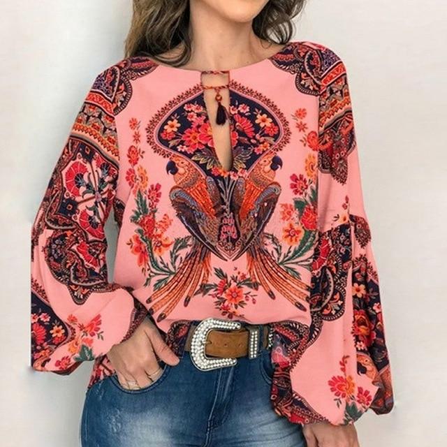 Fanbety Plus size Autumn Chic Blouses women Peacock Floral Print Long Sleeve Shirts women Casual V-neck Boho Blouse Tops Female