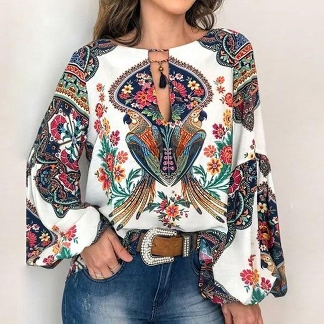 Fanbety Plus size Autumn Chic Blouses women Peacock Floral Print Long Sleeve Shirts women Casual V-neck Boho Blouse Tops Female