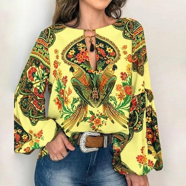Fanbety Plus size Autumn Chic Blouses women Peacock Floral Print Long Sleeve Shirts women Casual V-neck Boho Blouse Tops Female
