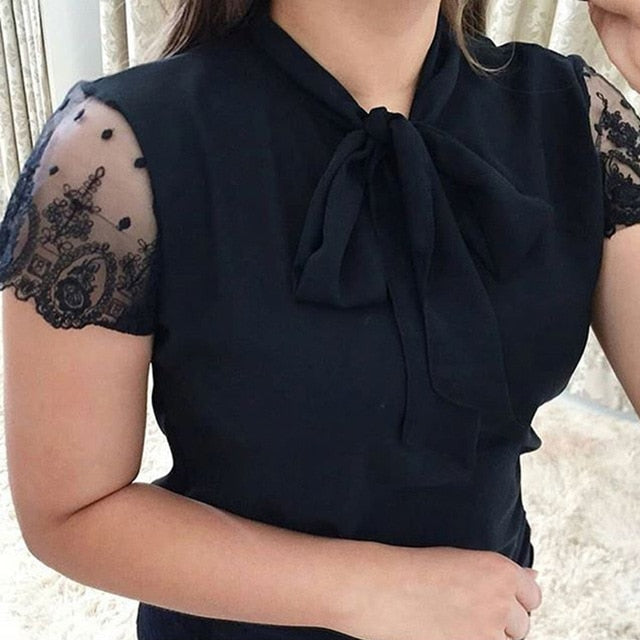 S-5XL New 2020 Lace Up Bow Tie Shirt Summer Short Sleeve Solid Chiffon Casual Blouse Plus Size 5xl Office Lady Blusas Woman Tops