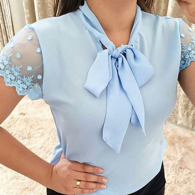 S-5XL New 2020 Lace Up Bow Tie Shirt Summer Short Sleeve Solid Chiffon Casual Blouse Plus Size 5xl Office Lady Blusas Woman Tops