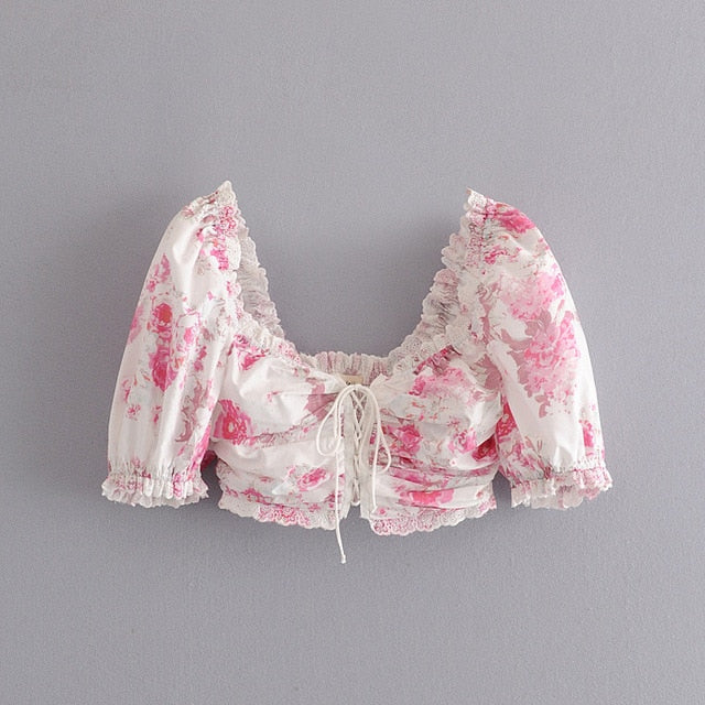 Chu Sau beauty New Vintage Fashion 3 Colour Crop Tops Women Sexy Chic Summer Deep V-neck Lace Elastic Back Short Blouses Female