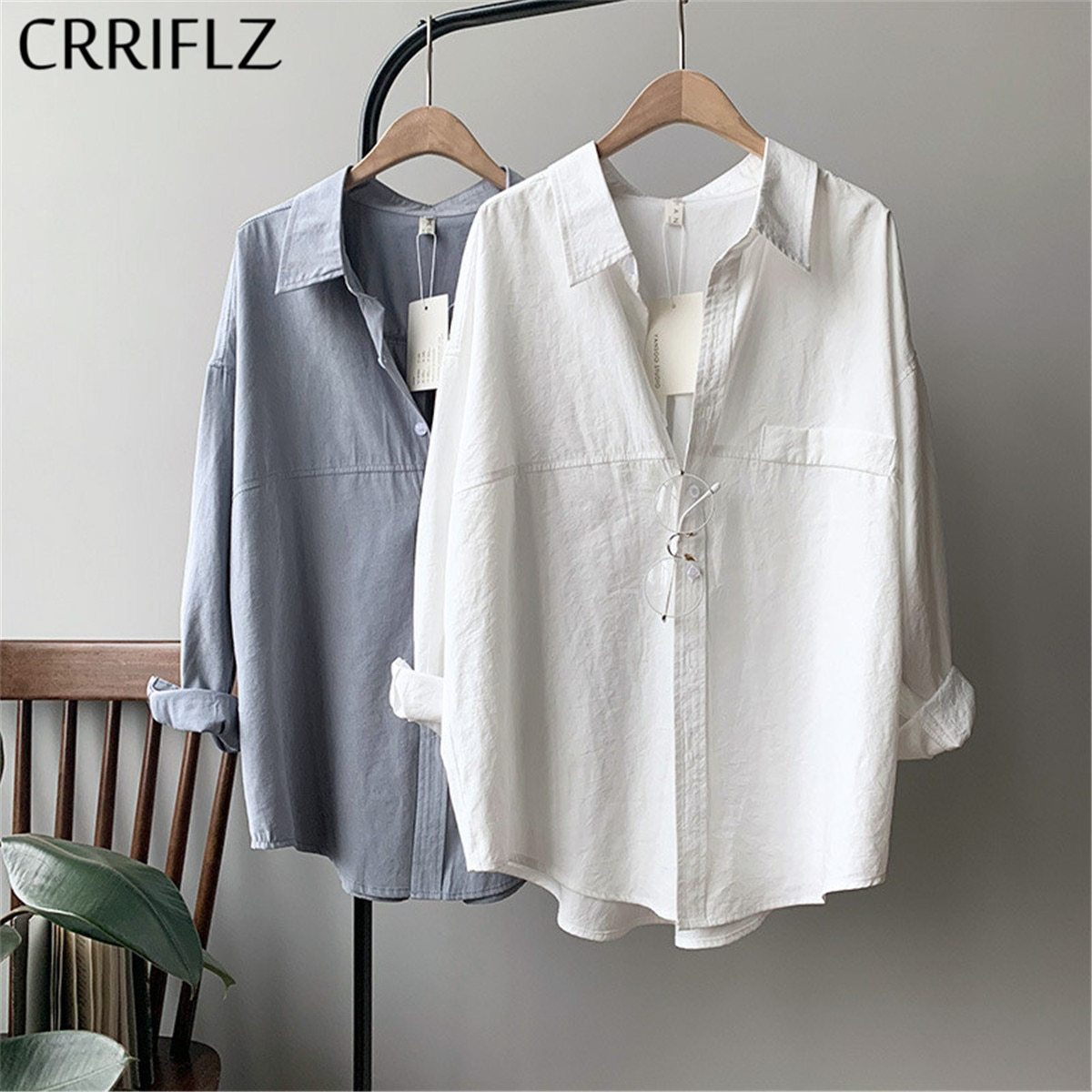 crriflz women's cotton feel shirt imitation suede 2020 spring new long sleeve retro blouses shirts turn-down solid oversize tops