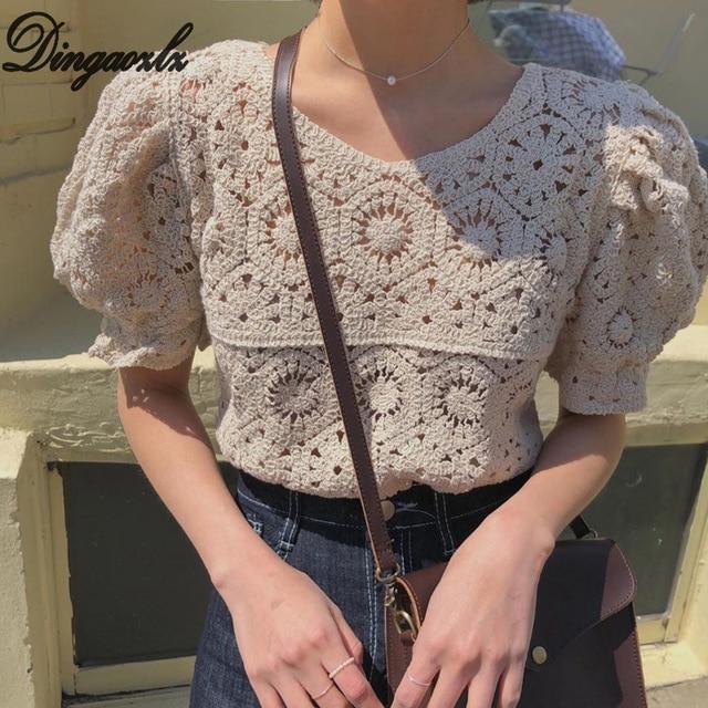 2020 New Vintage Summer Tops Women Puff sleeve Hollow out shirt Female Retro Perspective Lace blouse