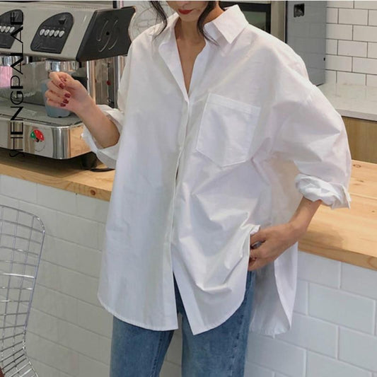 SHENGPALAE 2020 Spring Vintage White Women Shirt Female Tops Long Sleeve Casual Turn-down Collar Women's Loose Blouses ZA2899