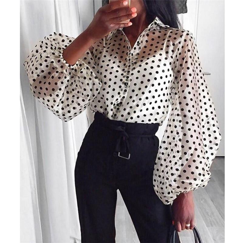 women sheer long sleeve Blouse Early Autumn Modern Mesh Shirt See-through Loose Button Puff Sleeve shirts top chemisier femme