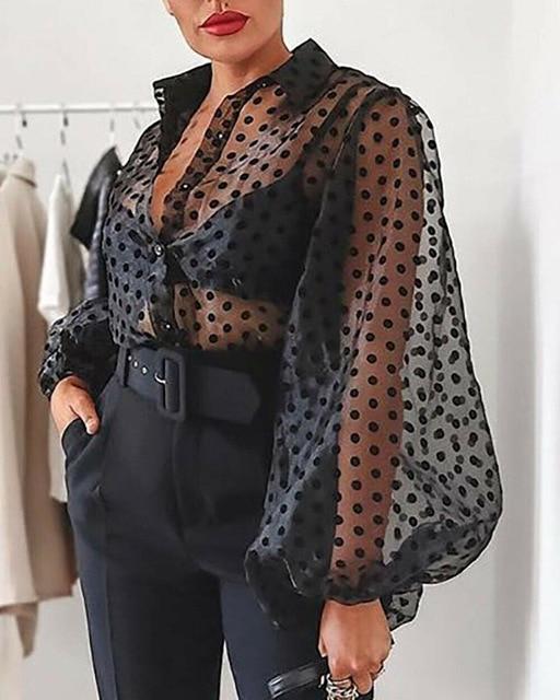 women sheer long sleeve Blouse Early Autumn Modern Mesh Shirt See-through Loose Button Puff Sleeve shirts top chemisier femme