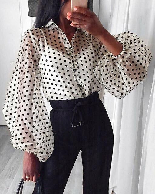 women sheer long sleeve Blouse Early Autumn Modern Mesh Shirt See-through Loose Button Puff Sleeve shirts top chemisier femme