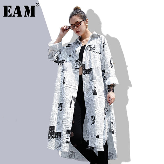 [EAM] 2020new Spring Autumn  Lapel Long Sleeve White Printed Loose Irregular Big Size Long Shirt Women Blouse Fashion Tide JF008