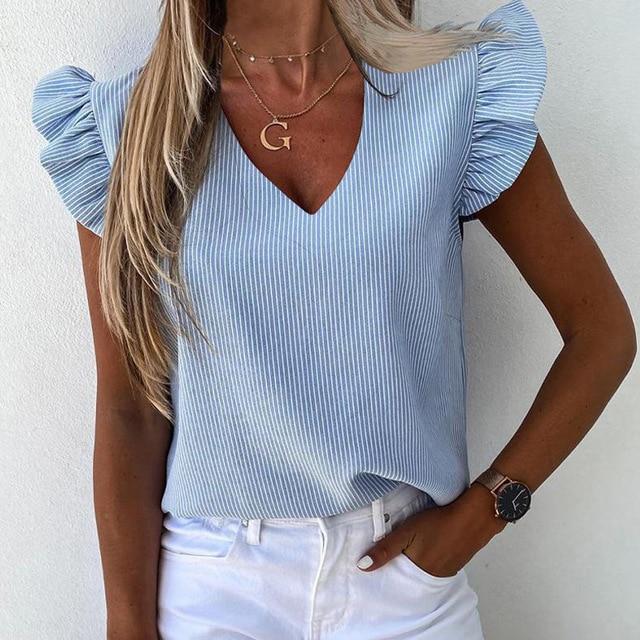 Women Elegant Pineapple Striped Print Ruffle blouse shirts Office Lady New Summer Short Sleeve Slim Blouses Casual O-neck tops