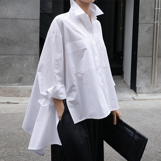 [EAM] 2020 New Spring Autumn Lapel Long Sleeve White Back Long Loose Big Size Irregular Shirt Women Blouse Fashion Tide JU847