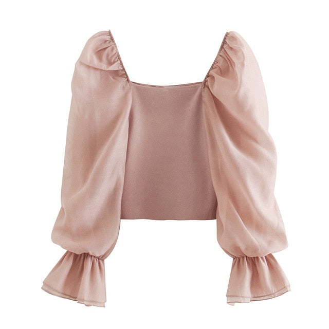 KPYTOMOA Women 2020 Sweet Fashion Patchwork Organza Knitted Blouses Vintage See Through Sleeve Stretch Female Shirts Chic Tops