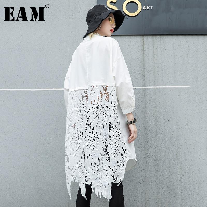 [EAM]2020 New Spring Autumn Stand Collar Long Sleeve Back Lace Hollow Out Spliced Big Size Shirt Women Blouse Fashion Tide JR835