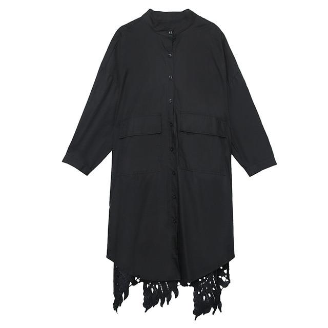 [EAM]2020 New Spring Autumn Stand Collar Long Sleeve Back Lace Hollow Out Spliced Big Size Shirt Women Blouse Fashion Tide JR835