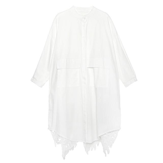 [EAM]2020 New Spring Autumn Stand Collar Long Sleeve Back Lace Hollow Out Spliced Big Size Shirt Women Blouse Fashion Tide JR835