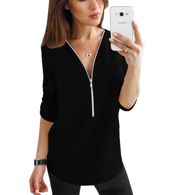 Zipper Short Sleeve Women Shirts Sexy V Neck Solid Womens Tops And Blouses Casual Tee Shirts Tops Female Clothes Plus Size 5XL