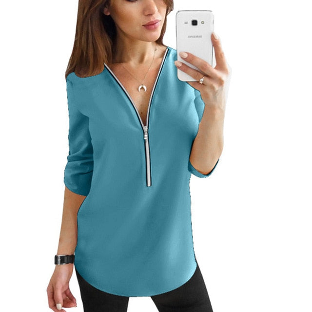 Zipper Short Sleeve Women Shirts Sexy V Neck Solid Womens Tops And Blouses Casual Tee Shirts Tops Female Clothes Plus Size 5XL