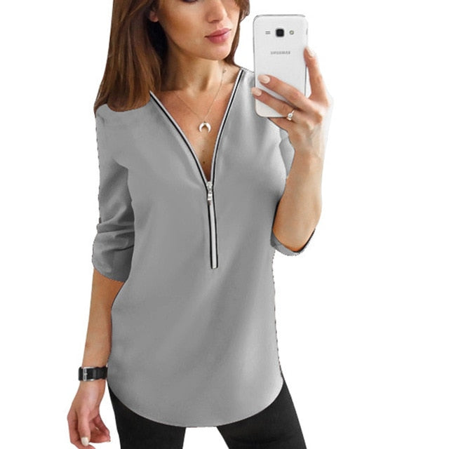 Zipper Short Sleeve Women Shirts Sexy V Neck Solid Womens Tops And Blouses Casual Tee Shirts Tops Female Clothes Plus Size 5XL